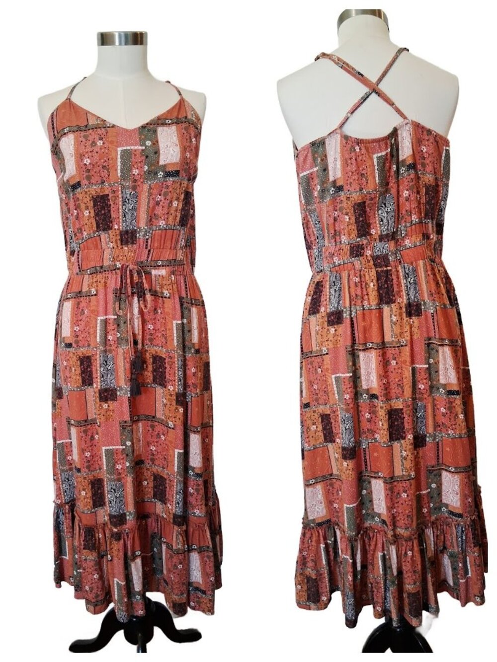 Rock & Roll Denim Cowgirl Western Boho Strappy Maxi Dress Large